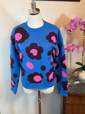 Lilly Pulitzer Electric Blue Pink Floral Leopard Crewneck Knit Sweater Small